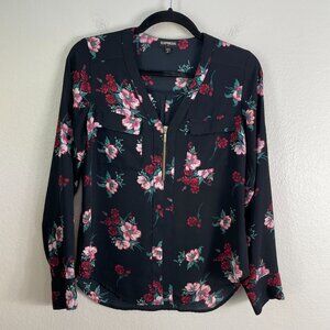 Express Womens XS Floral Button Up Blouse Collarless Roll Tab Sleeve Shirt